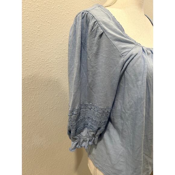 Lucky Brand Womens Sz Large Blouse Top Blue Square Neck 100% Cotton Short Sleeve - Picture 4 of 7